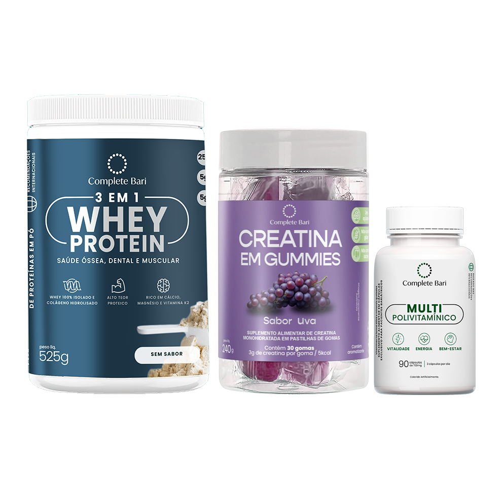 Kit 1 Creatina em Gummies Uva + 1 Multivitamínico + 1 Whey Isolado Neutro