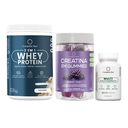 Kit 1 Creatina em Gummies Uva + 1 Multivitamínico + 1 Whey Isolado Neutro