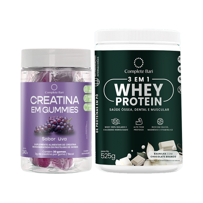 Kit 1 Creatina em Gummies Uva + 1 Whey Isolado Baunilha com Chocolate