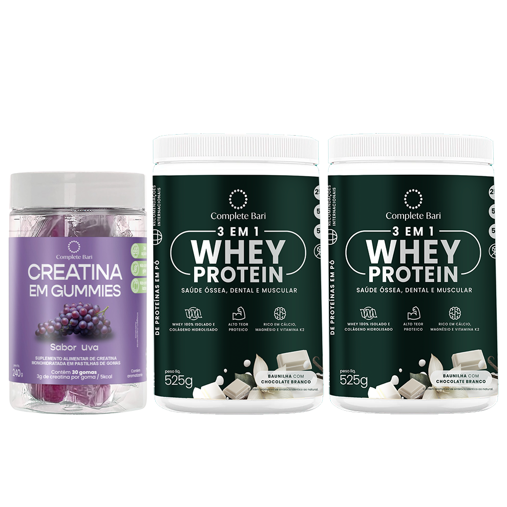 Kit 1 Creatina em Gummies Uva + 2 Whey Isolado Baunilha com Chocolate