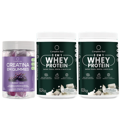 Kit 1 Creatina em Gummies Uva + 2 Whey Isolado Baunilha com Chocolate