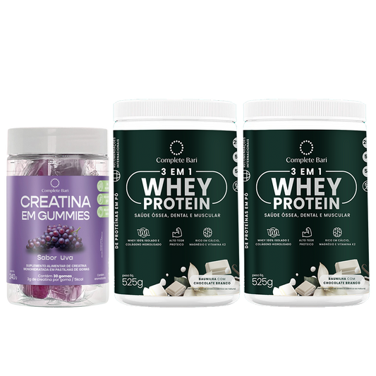 Kit 1 Creatina em Gummies Uva + 2 Whey Isolado Baunilha com Chocolate