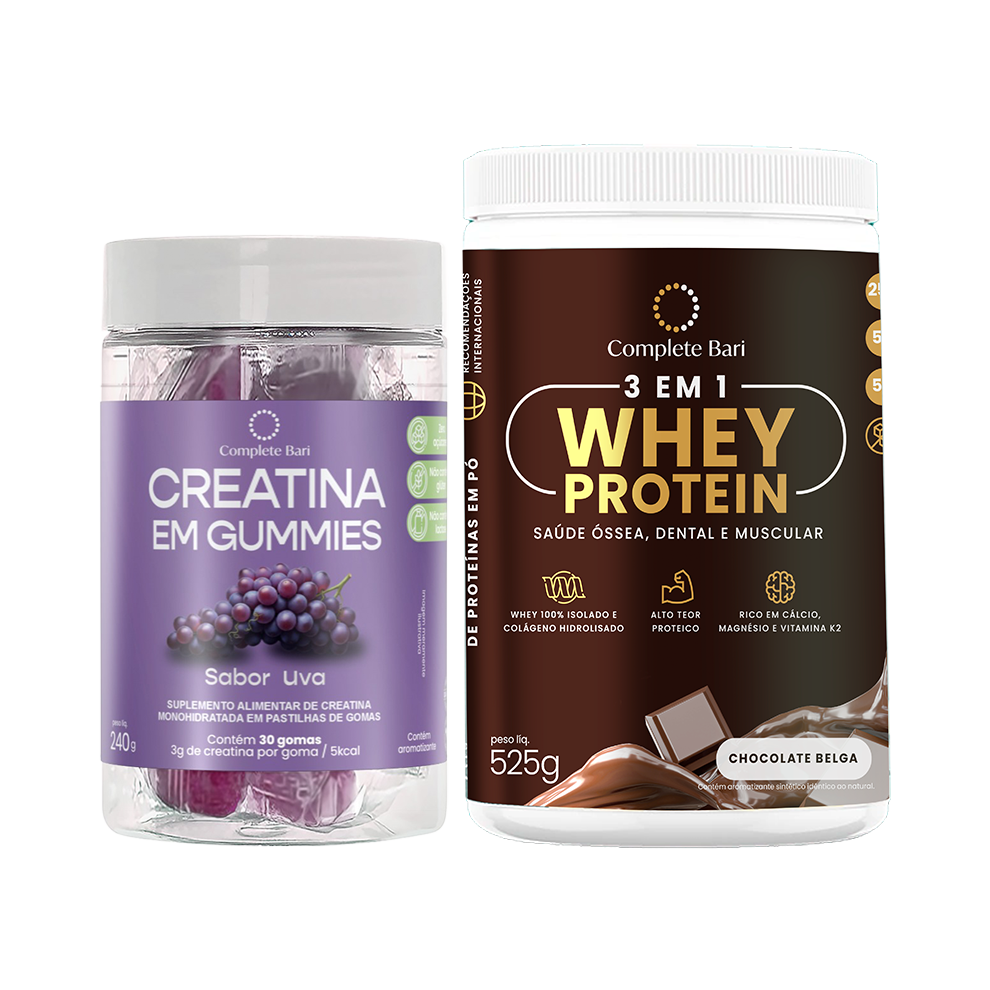 Kit 1 Creatina em Gummies Uva + 1 Whey Isolado Chocolate Belga
