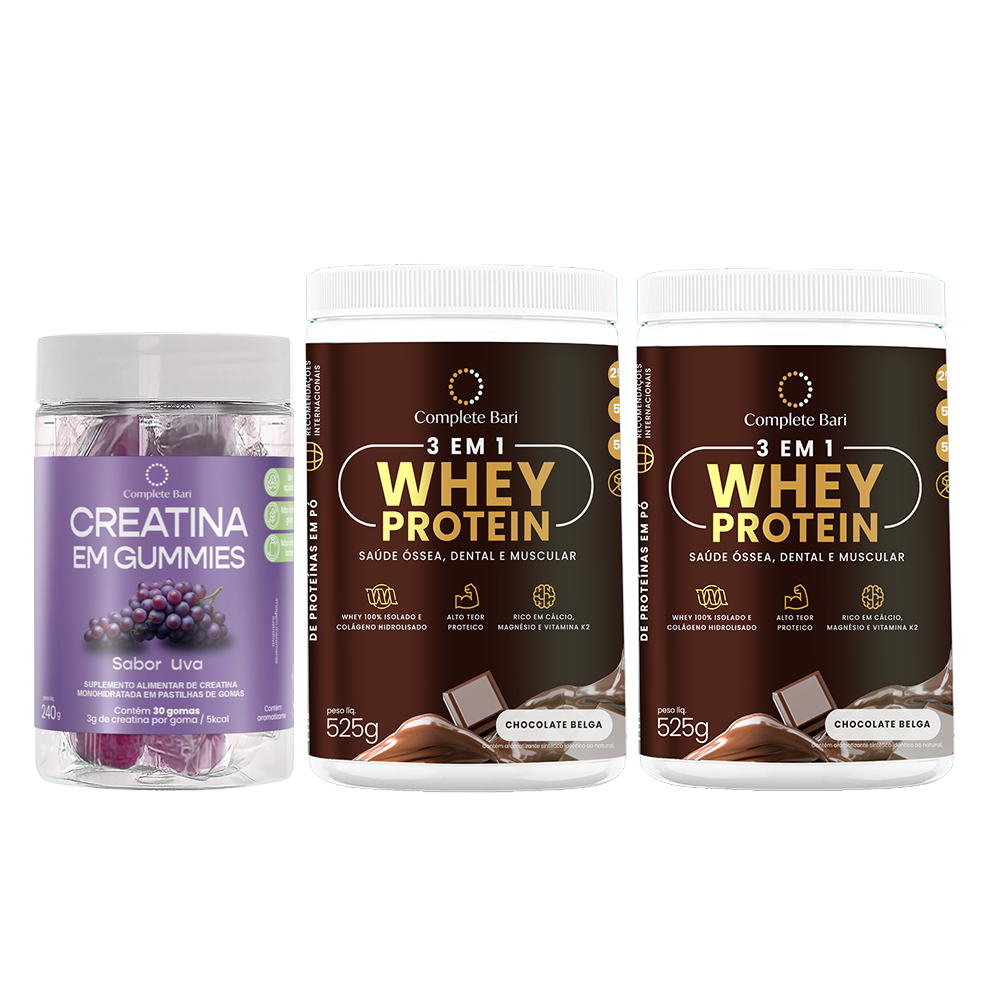Kit 1 Creatina em Gummies Uva + 2 Whey Isolado Chocolate Belga
