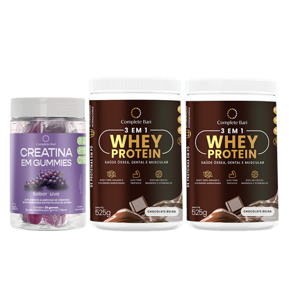 Kit 1 Creatina em Gummies Uva + 2 Whey Isolado Chocolate Belga