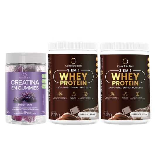 Kit 1 Creatina em Gummies Uva + 2 Whey Isolado Chocolate Belga