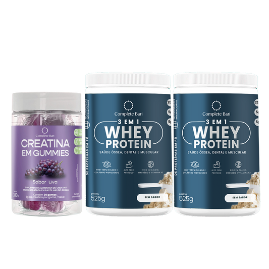 Kit 1 Creatina em Gummies Uva + 2 Whey Isolado Neutro