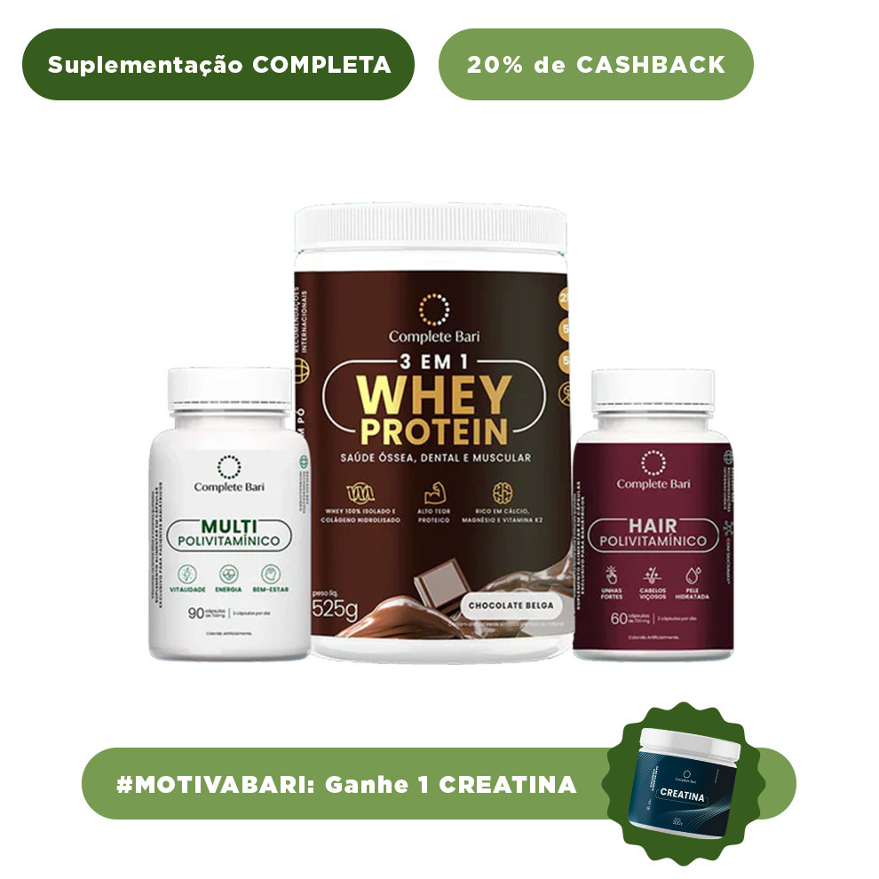 Kit 1 Multi + 1 Polivitaminico Cabelos e Unhas + 1 Whey Isolado Chocolate Belga Complete Bari