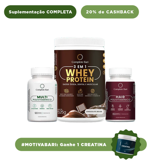 Kit 1 Multi + 1 Polivitaminico Cabelos e Unhas + 1 Whey Isolado Chocolate Belga Complete Bari