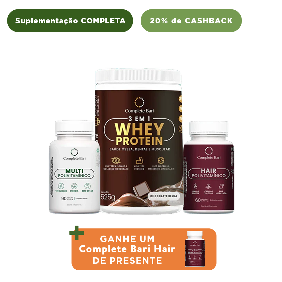 Kit 1 Multi + 1 Polivitaminico Cabelos e Unhas + 1 Whey Isolado Chocolate Belga Complete Bari - Ganhe 1 Hair de brinde