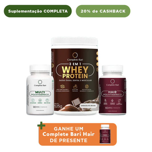 Kit 1 Multi + 1 Polivitaminico Cabelos e Unhas + 1 Whey Isolado Chocolate Belga Complete Bari - Ganhe 1 Hair de brinde