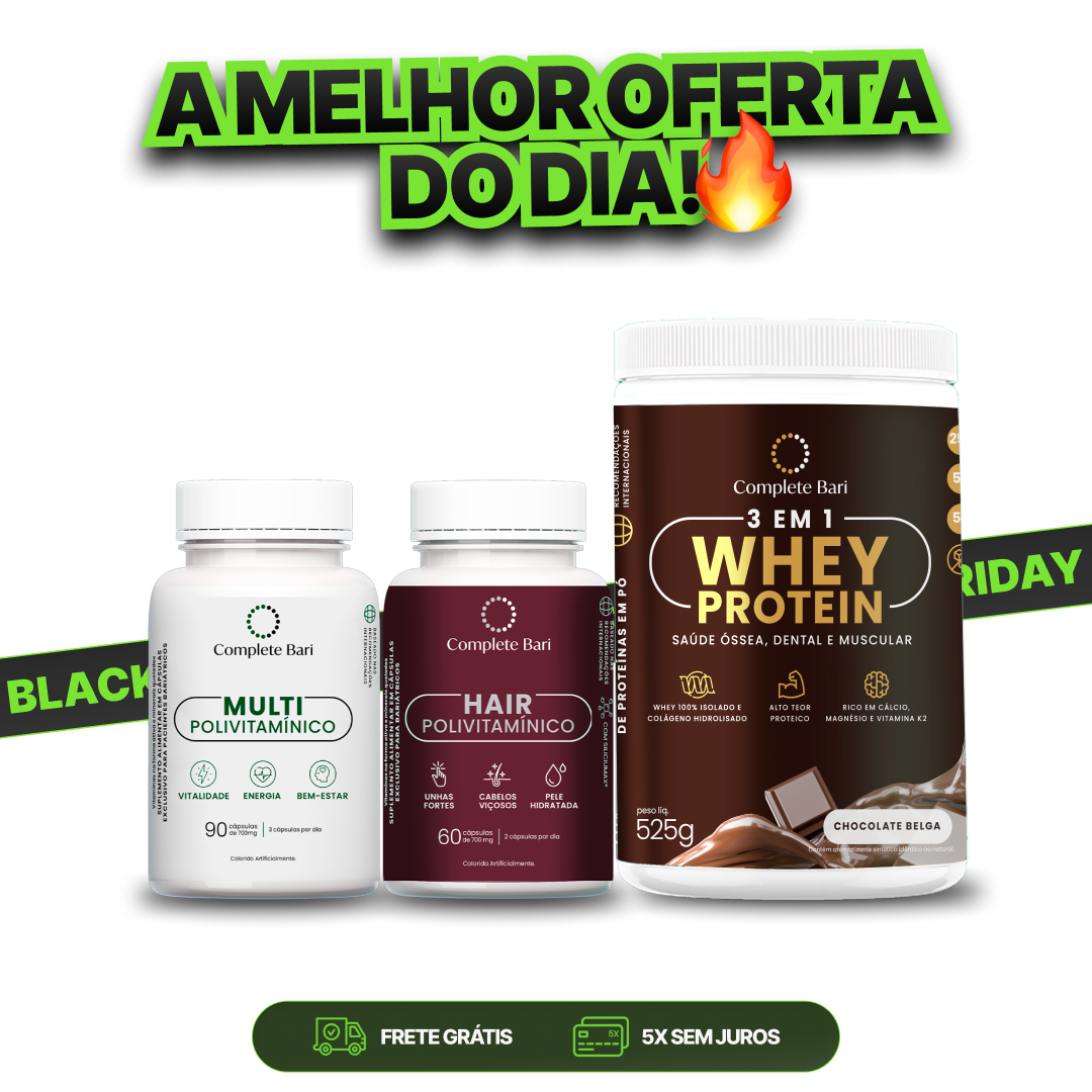 Kit 1 Multi + 1 Polivitaminico Cabelos e Unhas + 1 Whey Isolado Chocolate Belga Complete Bari
