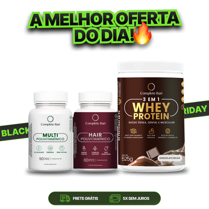 Kit 1 Multi + 1 Polivitaminico Cabelos e Unhas + 1 Whey Isolado Chocolate Belga Complete Bari