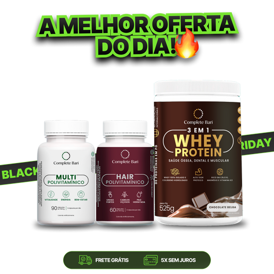 Kit 1 Multi + 1 Polivitaminico Cabelos e Unhas + 1 Whey Isolado Chocolate Belga Complete Bari