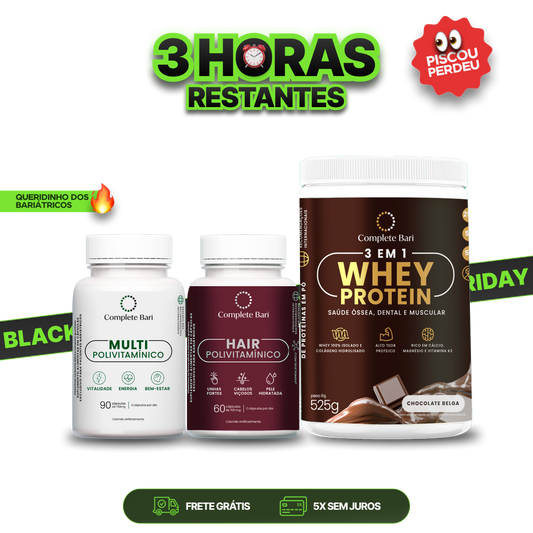 Kit 1 Multi + 1 Polivitaminico Cabelos e Unhas + 1 Whey Isolado Chocolate Belga Complete Bari