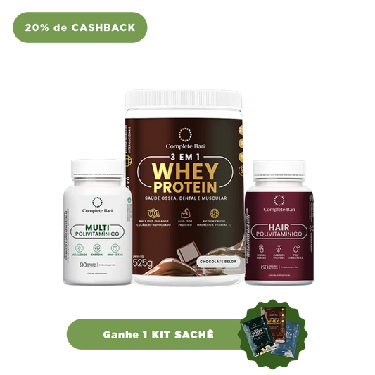 Kit 1 Multi + 1 Polivitaminico Cabelos e Unhas + 1 Whey Isolado Chocolate Belga Complete Bari - Ganhe 1 Kit Saches