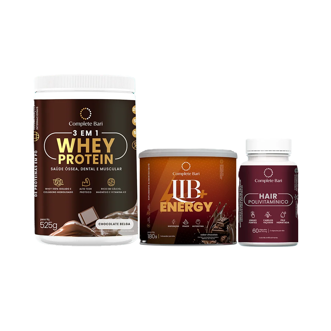 Kit 1 Polivitaminico Cabelos e Unhas + 1 Whey Isolado Chocolate Belga + 1 Lib Energy Complete Bari