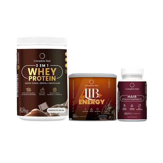 Kit 1 Polivitaminico Cabelos e Unhas + 1 Whey Isolado Chocolate Belga + 1 Lib Energy Complete Bari