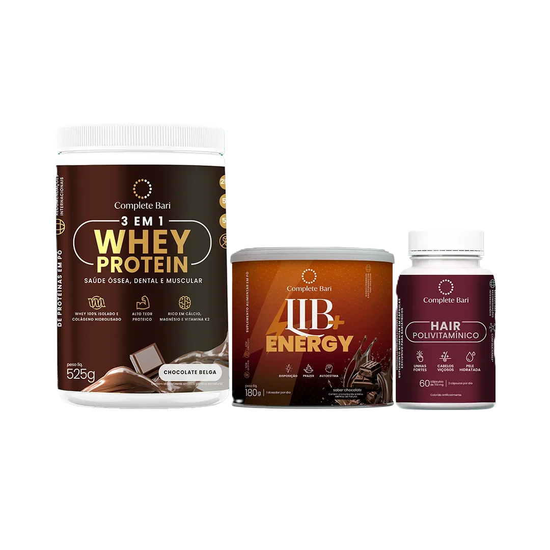 Kit 1 Polivitaminico Cabelos e Unhas + 1 Whey Chocolate Belga + 1 Lib Energy
