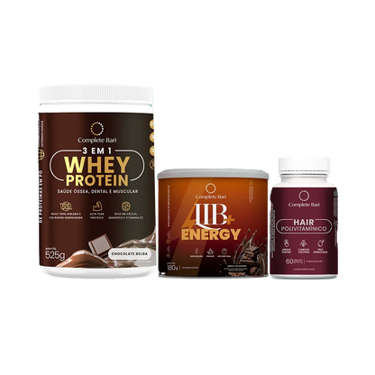 Kit 1 Polivitaminico Cabelos e Unhas + 1 Whey Chocolate Belga + 1 Lib Energy
