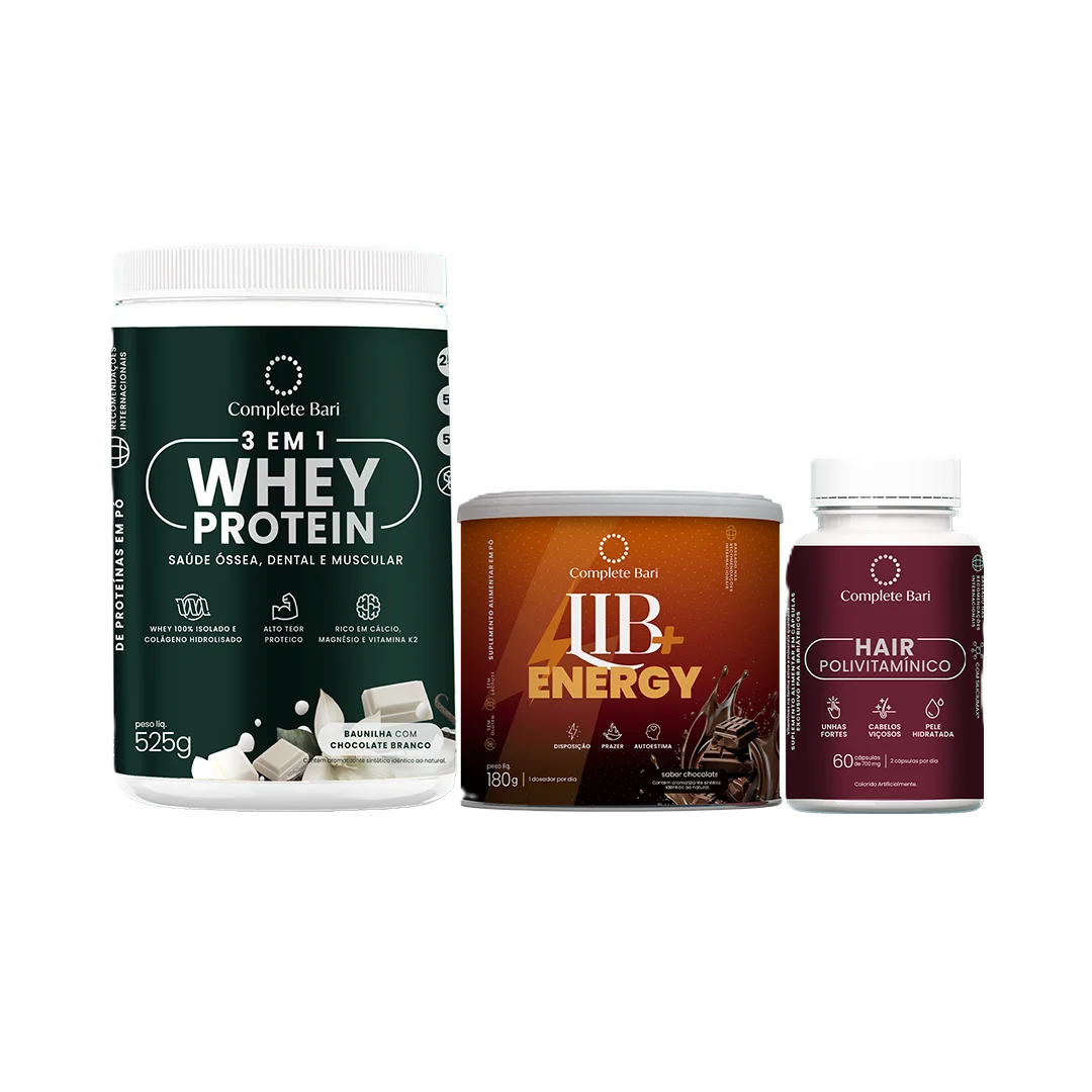Kit 1 Polivitaminico Cabelos e Unhas + 1 Whey Isolado Baunilha com Chocolate + 1 Lib Energy Complete Bari