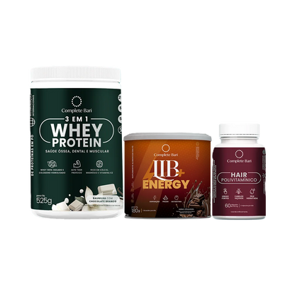 Kit 1 Polivitaminico Cabelos e Unhas + 1 Whey Isolado Baunilha com Chocolate + 1 Lib Energy Complete Bari