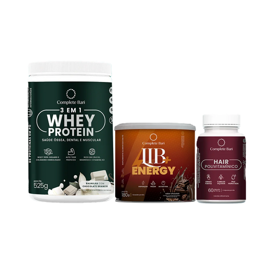 Kit 1 Polivitaminico Cabelos e Unhas + 1 Whey Isolado Baunilha com Chocolate + 1 Lib Energy Complete Bari