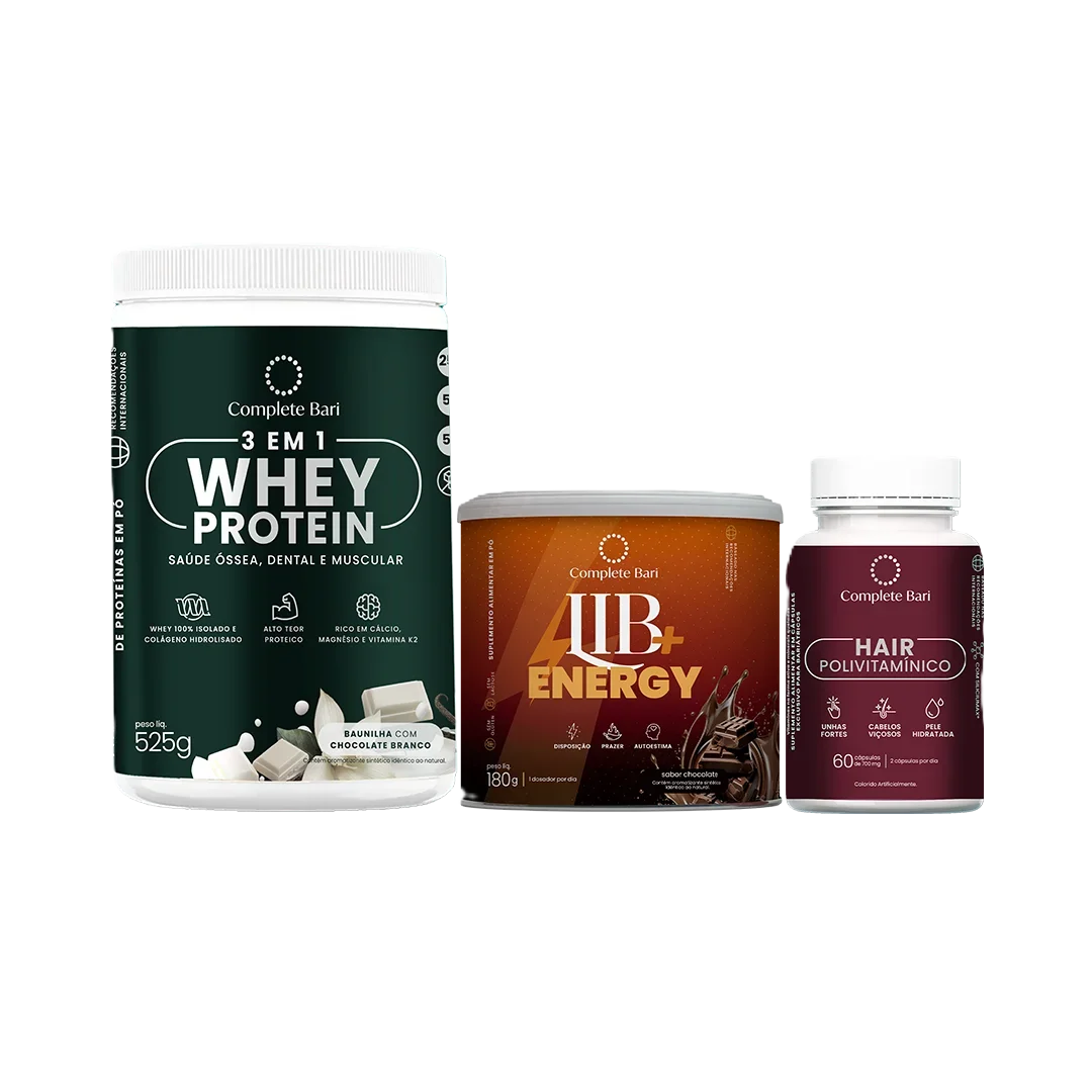 Kit 1 Polivitaminico Cabelos e Unhas + 1 Whey Baunilha com Chocolate + 1 Lib Energy