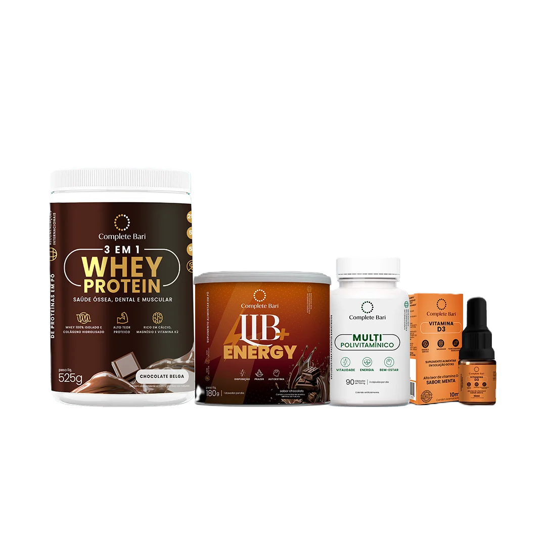 Kit 1 Multi + 1 Whey Isolado Chocolate Belga + 1 Lib Energy + 1 Vitamina D3 Complete Bari