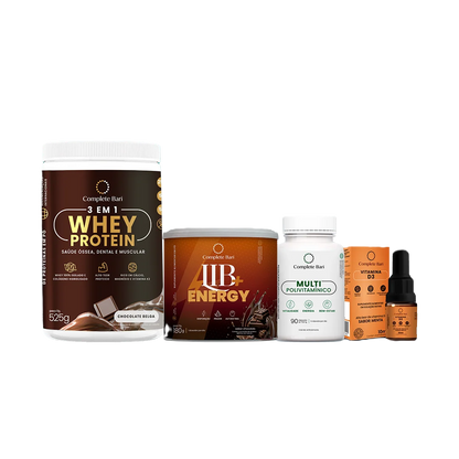 Kit 1 Multi + 1 Whey Isolado Chocolate Belga + 1 Lib Energy + 1 Vitamina D3 Complete Bari