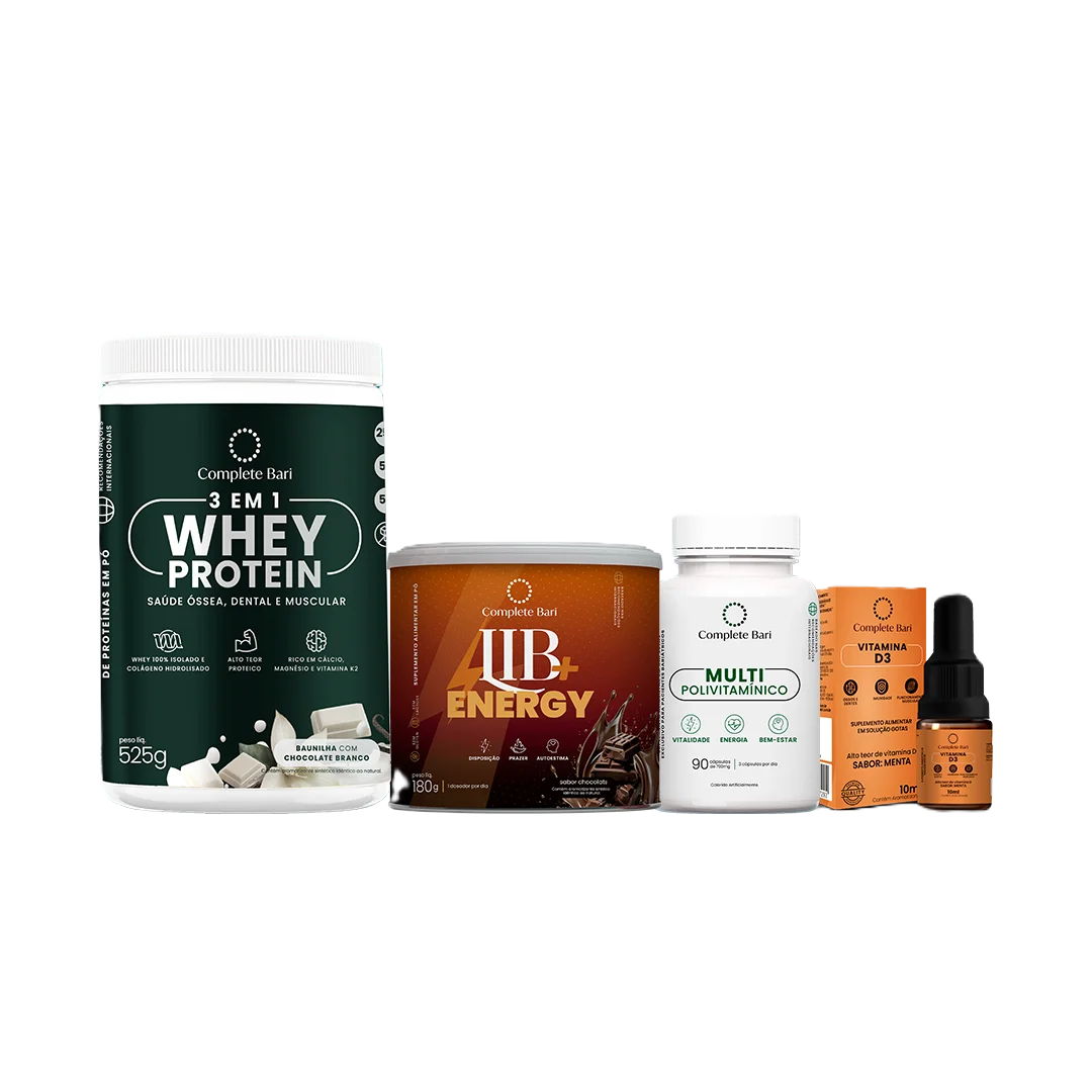 Kit 1 Multi + 1 Whey Isolado Baunilha com Chocolate + 1 Lib Energy + 1 Vitamina D3 Complete Bari