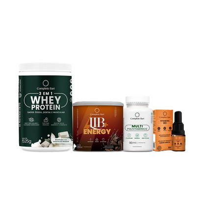 Kit 1 Multi + 1 Whey Isolado Baunilha com Chocolate + 1 Lib Energy + 1 Vitamina D3 Complete Bari