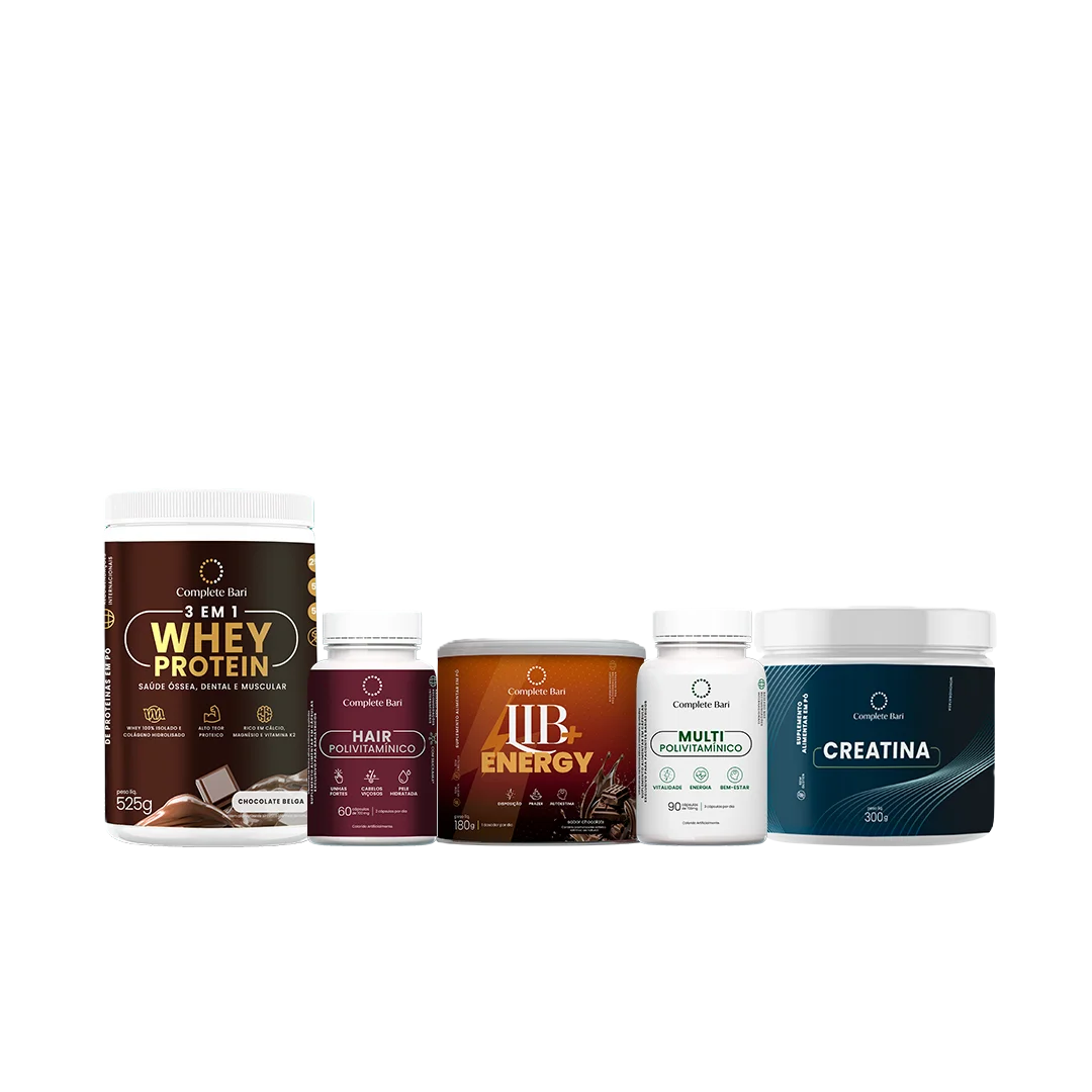 Kit 1 Multi + 1 Polivitaminico Cabelos e Unhas + 1 Whey Isolado Chocolate Belga + 1 Lib Energy + 1 Creatina Complete Bari