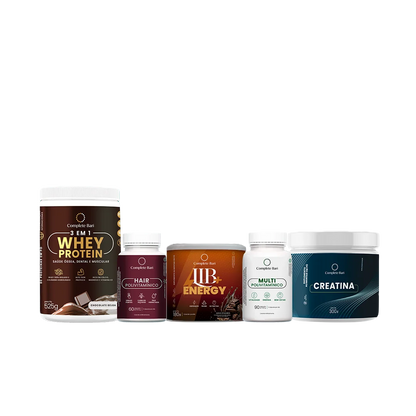 Kit 1 Multi + 1 Polivitaminico Cabelos e Unhas + 1 Whey Isolado Chocolate Belga + 1 Lib Energy + 1 Creatina Complete Bari