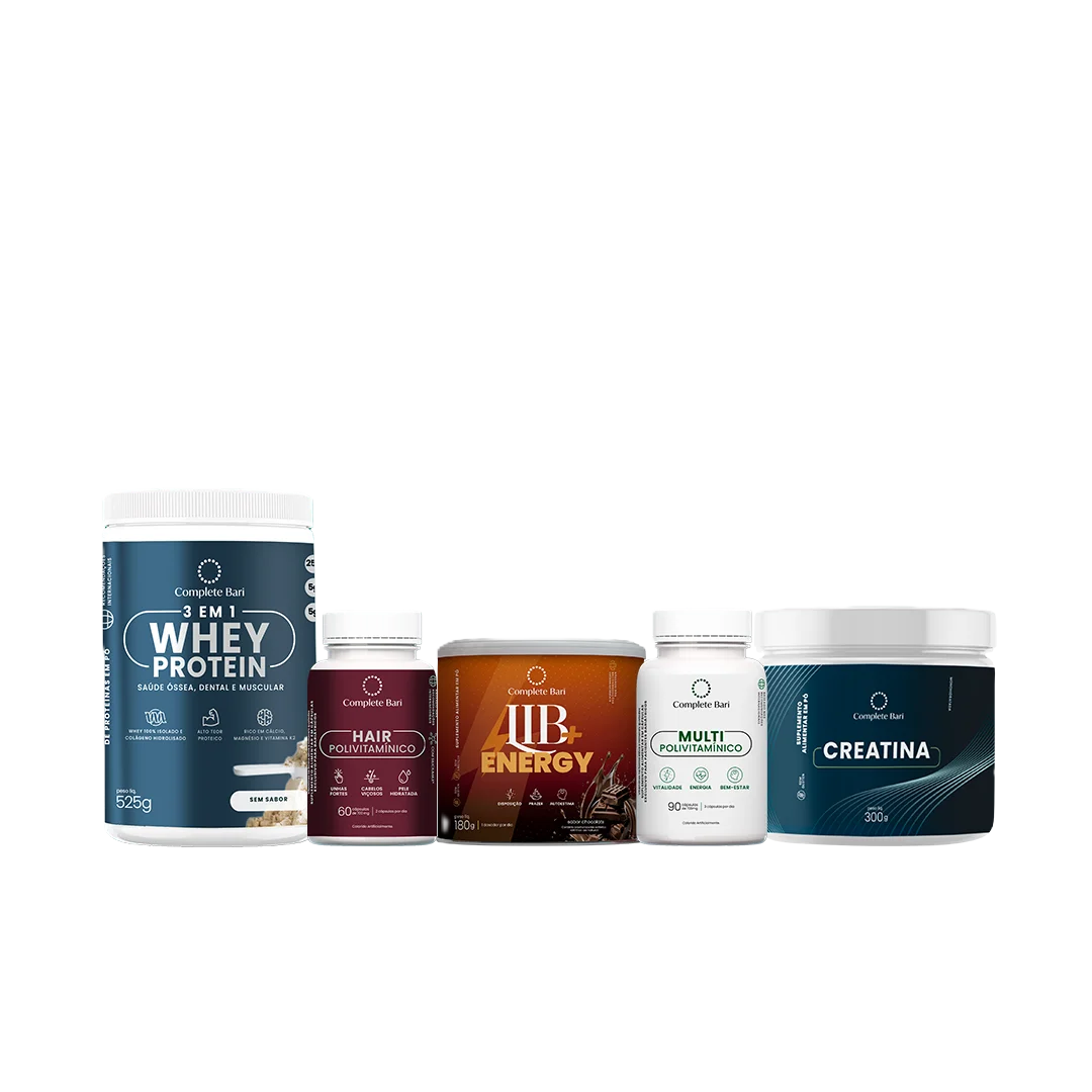 Kit 1 Multi + 1 Polivitaminico Cabelos e Unhas + 1 Whey Isolado Neutro + 1 Lib Energy + 1 Creatina Complete Bari
