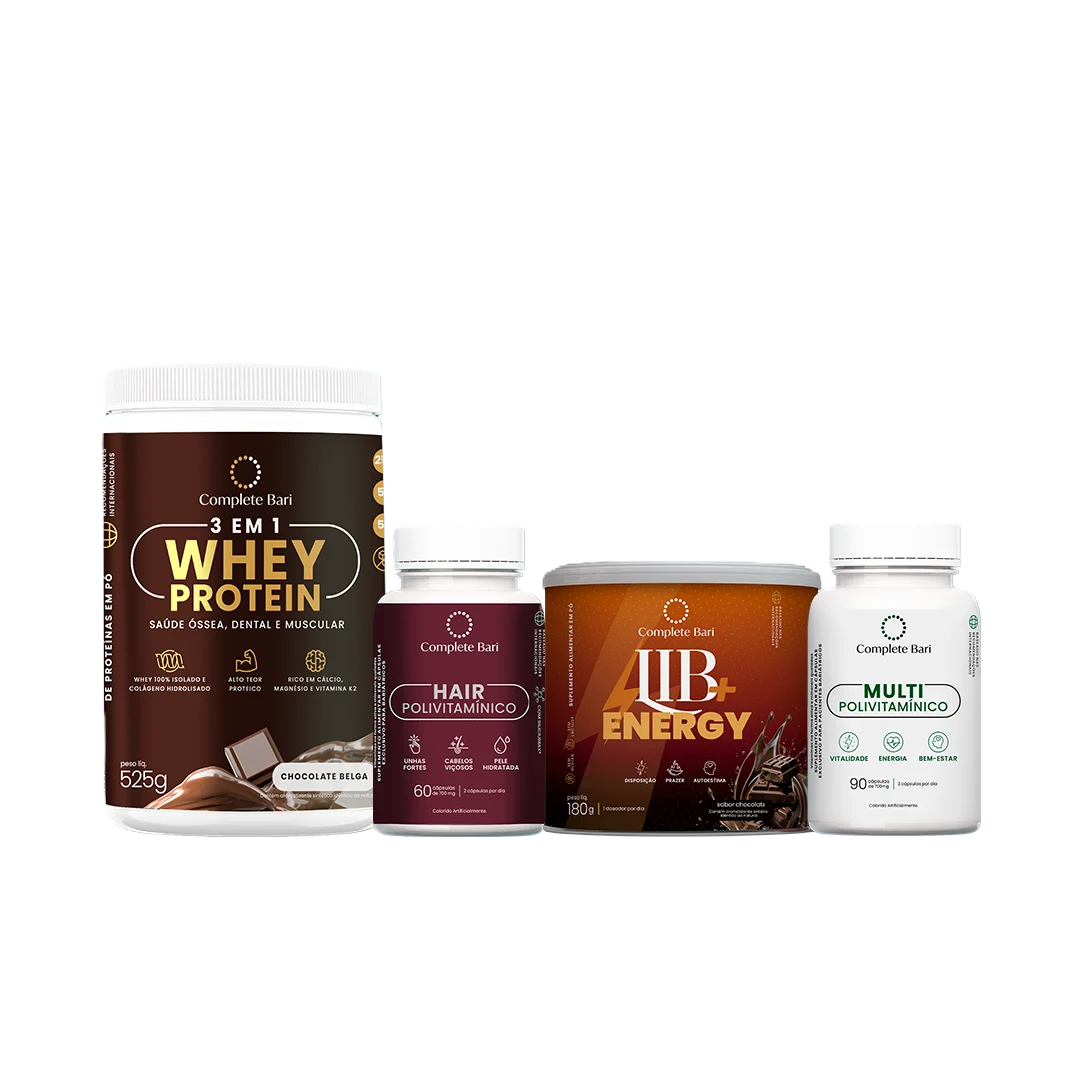Kit 1 Multi + 1 Polivitaminico Cabelos e Unhas + 1 Whey Isolado Chocolate Belga + 1 Lib Energy Complete Bari