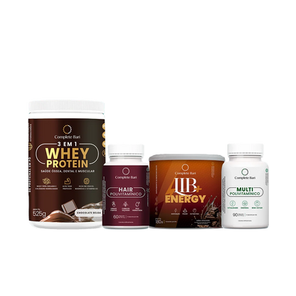 Kit 1 Multi + 1 Polivitaminico Cabelos e Unhas + 1 Whey Isolado Chocolate Belga + 1 Lib Energy Complete Bari