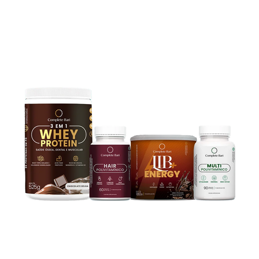Kit 1 Multi + 1 Polivitaminico Cabelos e Unhas + 1 Whey Isolado Chocolate Belga + 1 Lib Energy Complete Bari