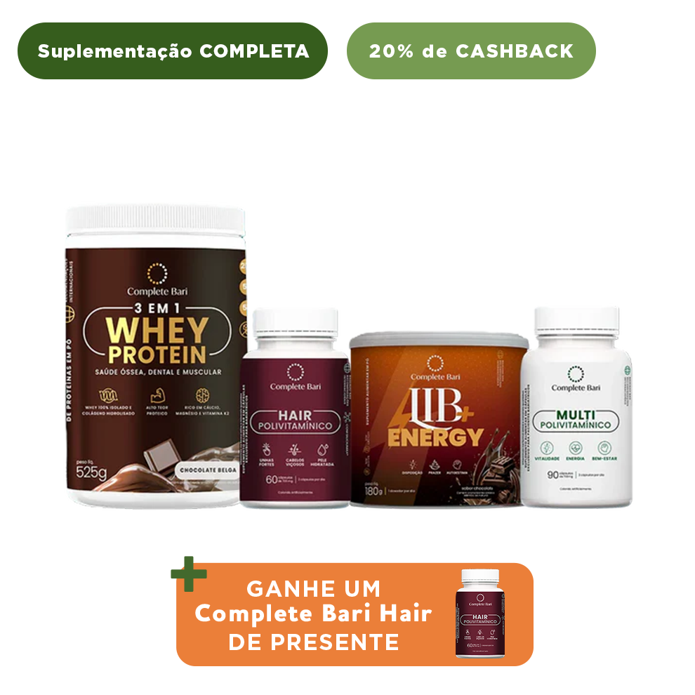 Kit 1 Multi + 1 Polivitaminico Cabelos e Unhas + 1 Whey Isolado Chocolate Belga + 1 Lib Energy Complete Bari - Ganhe 1 Hair de brinde