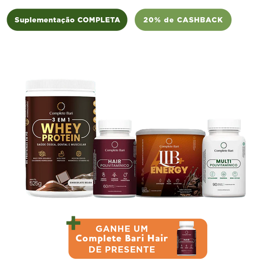 Kit 1 Multi + 1 Polivitaminico Cabelos e Unhas + 1 Whey Isolado Chocolate Belga + 1 Lib Energy Complete Bari - Ganhe 1 Hair de brinde