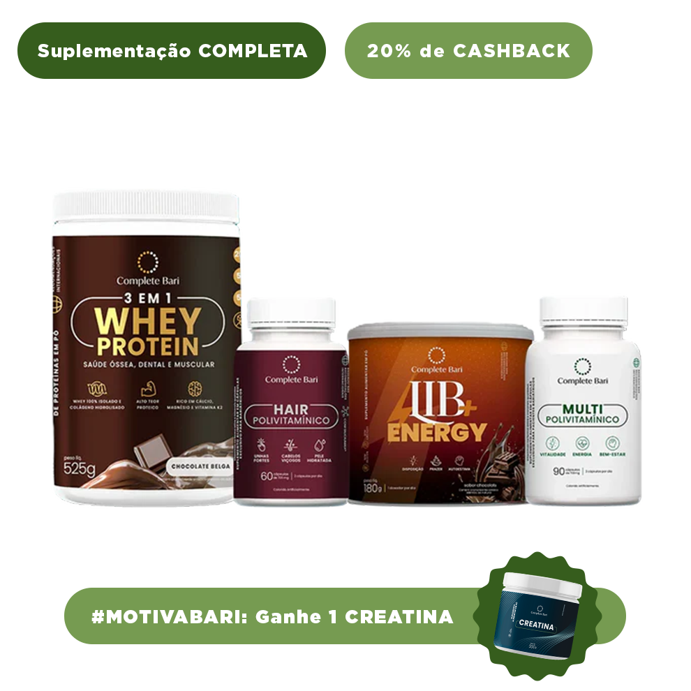 Kit 1 Multi + 1 Polivitaminico Cabelos e Unhas + 1 Whey Isolado Chocolate Belga + 1 Lib Energy Complete Bari
