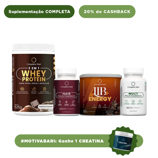 Kit 1 Multi + 1 Polivitaminico Cabelos e Unhas + 1 Whey Isolado Chocolate Belga + 1 Lib Energy Complete Bari