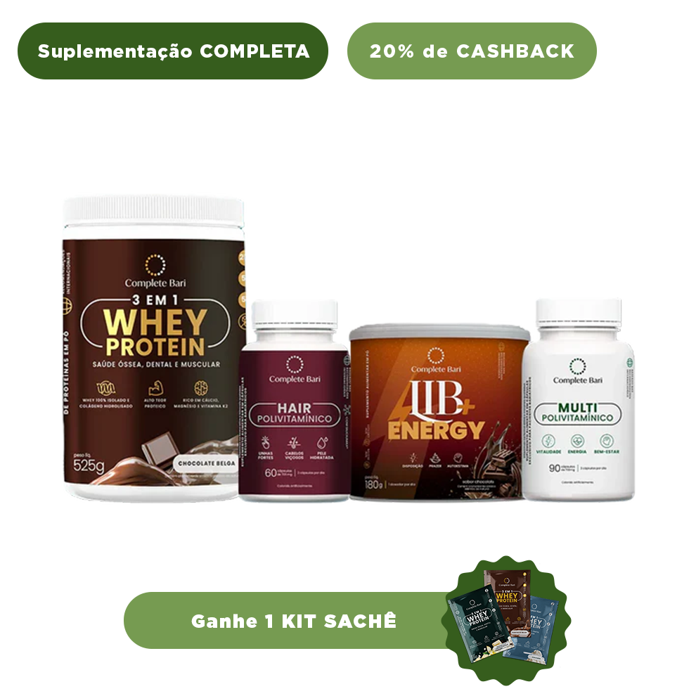 Kit 1 Multi + 1 Polivitaminico Cabelos e Unhas + 1 Whey Isolado Chocolate Belga + 1 Lib Energy Complete Bari - Ganhe 1 Kit Saches