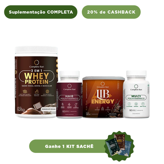 Kit 1 Multi + 1 Polivitaminico Cabelos e Unhas + 1 Whey Isolado Chocolate Belga + 1 Lib Energy Complete Bari - Ganhe 1 Kit Saches