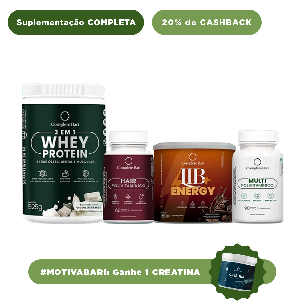 Kit 1 Multi + 1 Polivitaminico Cabelos e Unhas + 1 Whey Isolado Baunilha com Chocolate + 1 Lib Energy Complete Bari