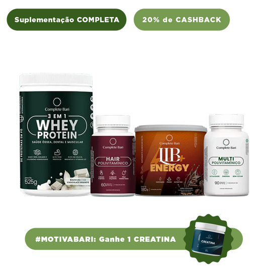 Kit 1 Multi + 1 Polivitaminico Cabelos e Unhas + 1 Whey Isolado Baunilha com Chocolate + 1 Lib Energy Complete Bari