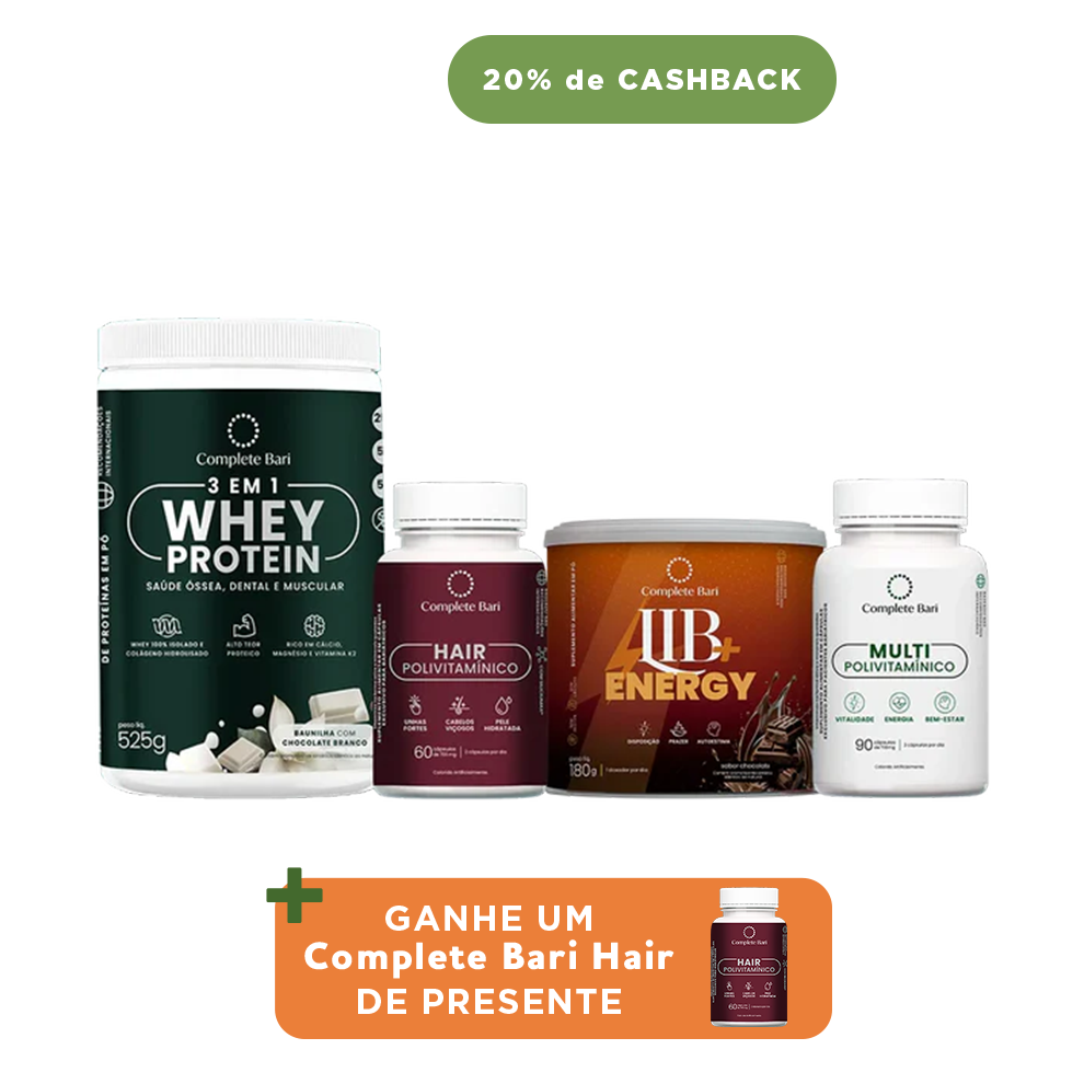 Kit 1 Multi + 1 Polivitaminico Cabelos e Unhas + 1 Whey Isolado Baunilha com Chocolate + 1 Lib Energy Complete Bari - Ganhe 1 Hair de brinde