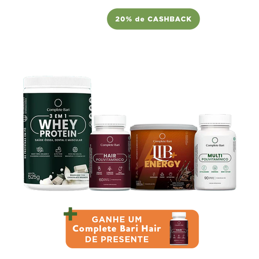 Kit 1 Multi + 1 Polivitaminico Cabelos e Unhas + 1 Whey Isolado Baunilha com Chocolate + 1 Lib Energy Complete Bari - Ganhe 1 Hair de brinde