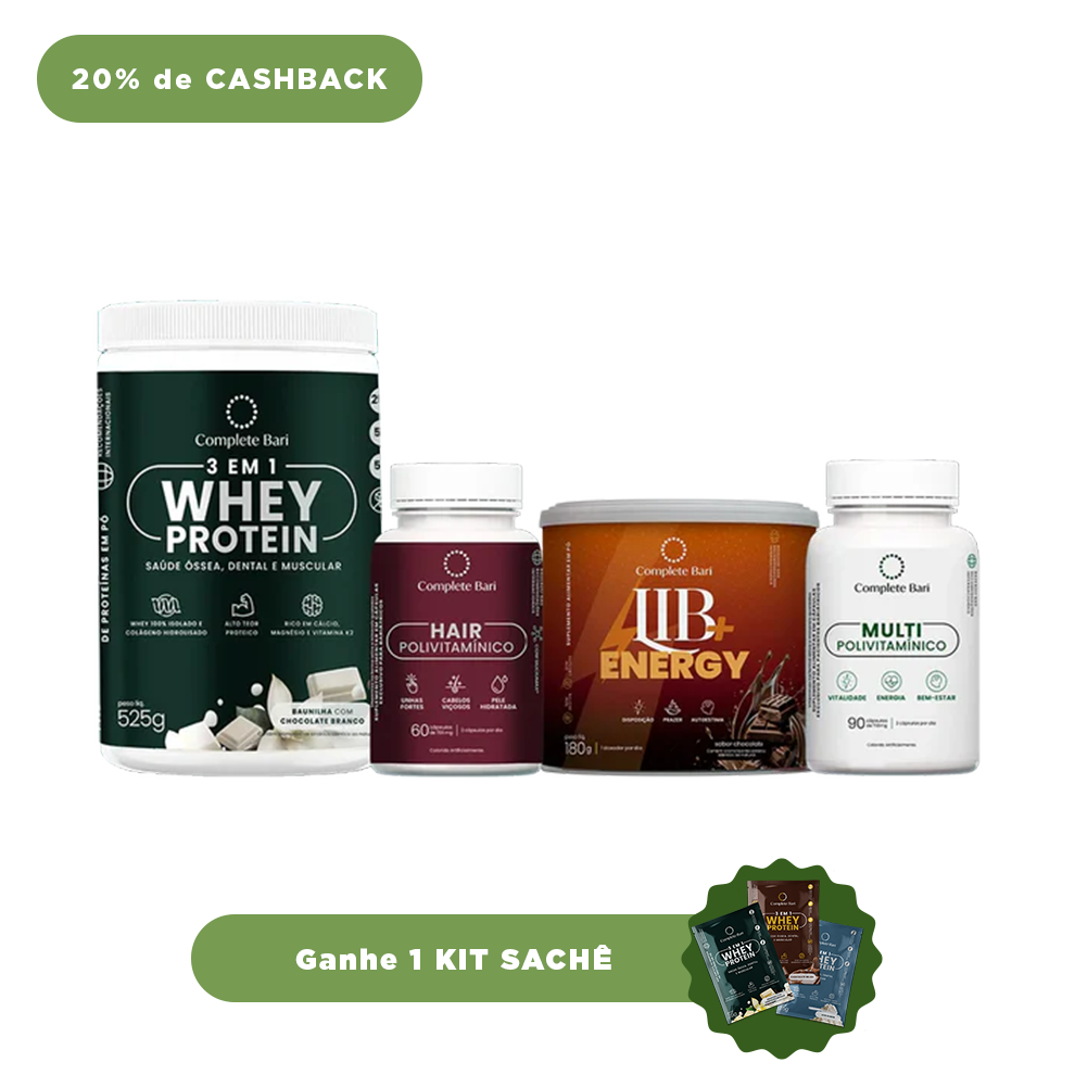 Kit 1 Multi + 1 Polivitaminico Cabelos e Unhas + 1 Whey Isolado Baunilha com Chocolate + 1 Lib Energy Complete Bari - Ganhe 1 Kit Saches
