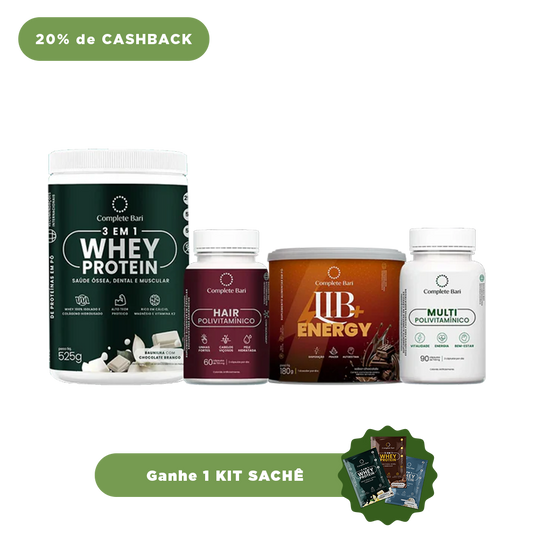 Kit 1 Multi + 1 Polivitaminico Cabelos e Unhas + 1 Whey Isolado Baunilha com Chocolate + 1 Lib Energy Complete Bari - Ganhe 1 Kit Saches